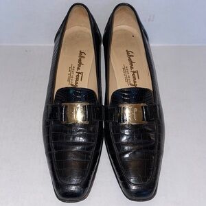 Salvatore Ferragamo Black Croc-Embossed Leather Loafers with Gold Vara Buckle